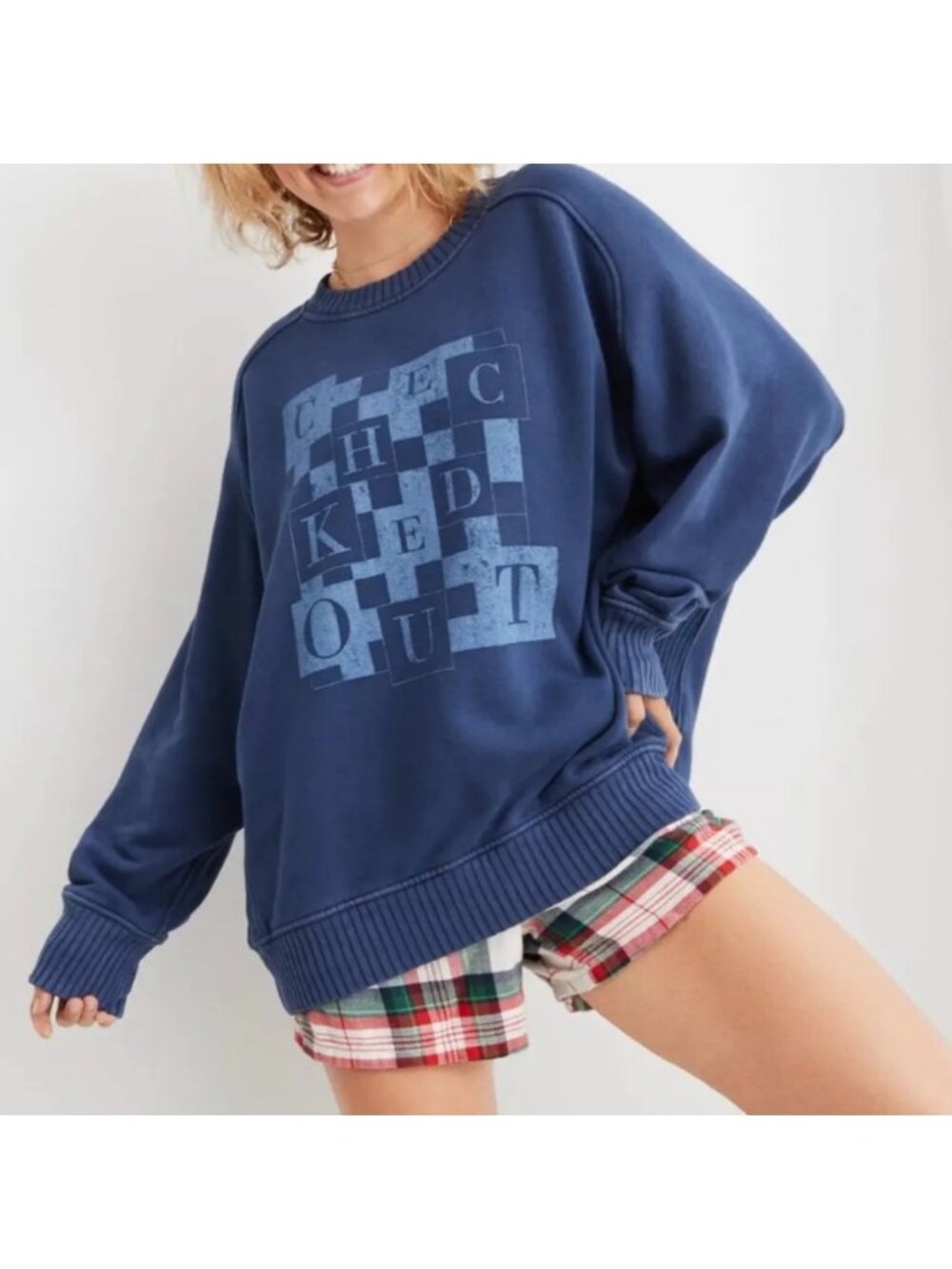 AERIE Check Out Distressed Oversized Crewneck Pullover Sweatshirt Size XS|TP